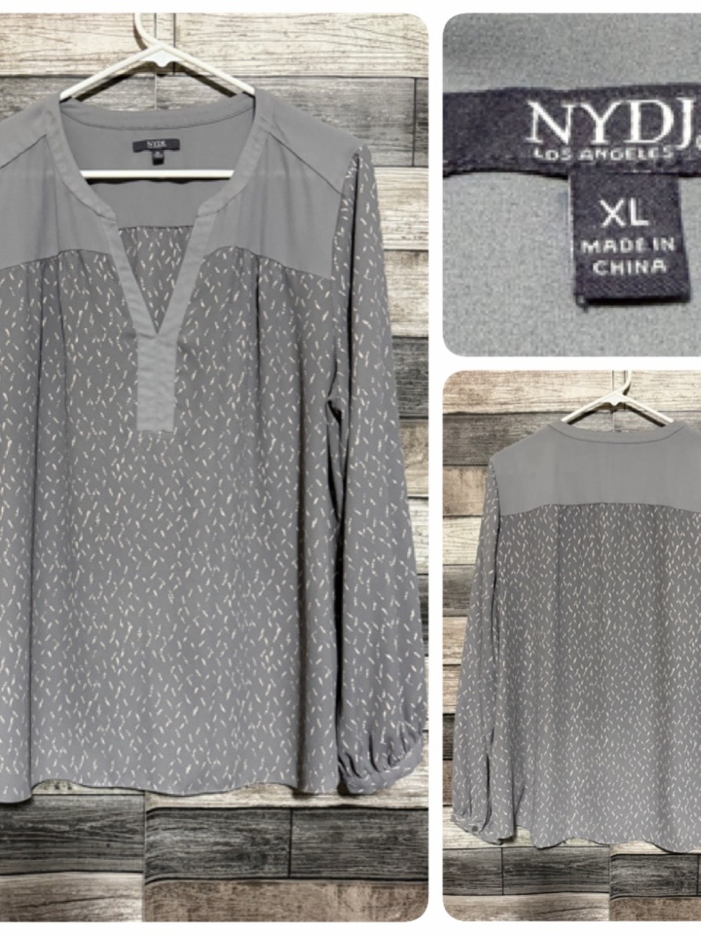 Nydj Blouse Women’s XL Gray Patterned Pullover V Neck